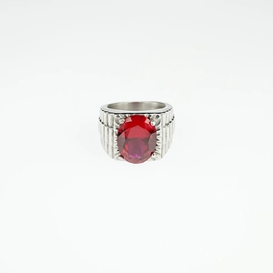 Classic silver titanium steel men's ring with a large oval red ruby zircon gemstone