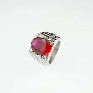 Elegant men's titanium steel ring featuring a large oval red gemstone with stepped band