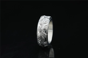 Detailed view of silver titanium steel ring with vintage Eye of Horus embossed pattern