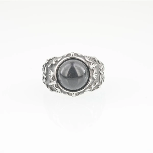 Vintage gothic bat ring in silver finish with black gemstone on white background