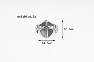 Detailed dimensions of cross shield ring with sword engraving and vintage textures
