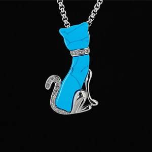 Vintage Titanstahl Katze Anhänger Halskette Mit Künstlicher Türkis Strass Tier Eingelegt Schmuck Für Damen Herren