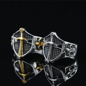 Vintage Titanium Steel Shield Cross Sword Ring For Men Gothic Fleur De Lis Knight Shield Band Ring Retro Punk Jewelry
