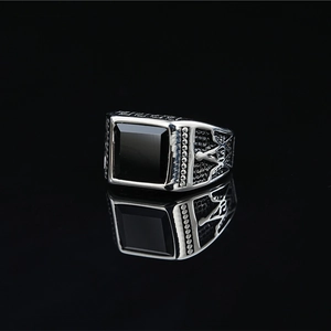 Vintage silver Masonic ring for men with large square black stone and engraved details