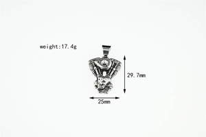 Detailed retro silver motorcycle engine pendant showing 29.7mm x 25mm dimensions and weight