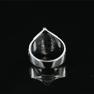 Mens vintage stainless steel shield ring with cross and knight spirit engravings