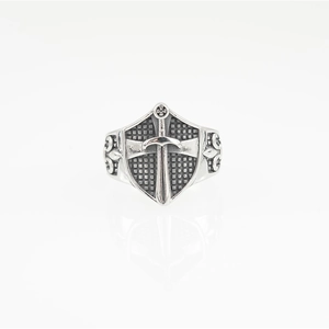 Gothic medieval shield ring in silver titanium steel with sword relief and cross detail