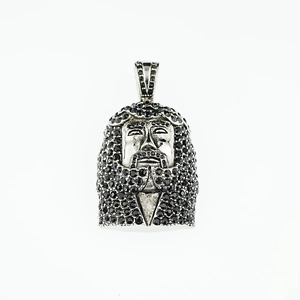 Hiphop Jesus-Kopf Anhänger Halskette mit schwarzen Mikro-Pave-Diamanten auf Silber