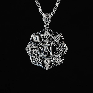 Retro Titanstahl Buddhistische Acht Glückssymbole Om Anhänger Halskette Hohl Ethno Religiöser Schmuck Für Herren Damen