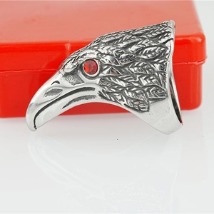Vintage eagle head ring with red rhinestone eyes and retro silver finish punk jewelry