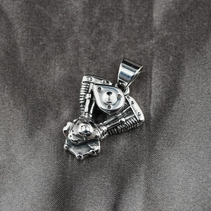Retro V-twin engine motorcycle pendant necklace in stainless steel with industrial design