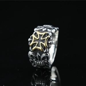 Gothic hollow cross ring for men with vintage silver finish and golden maltese cross