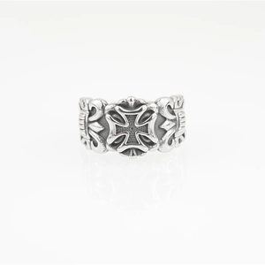 Retro gothic hollow cross ring with fleur-de-lis engravings in oxidized steel finish
