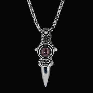 Punk Dragon Claw Dagger Pendant Necklace Titanium Steel Retro Gothic Jewelry With Red Rhinestone Dominine Streetwear Sweater Chain