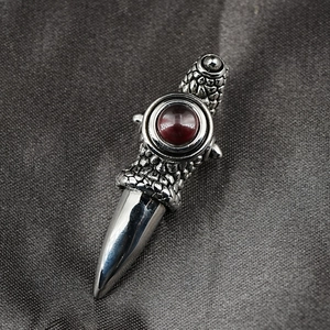 Punk style dragon claw dagger pendant necklace with red gemstone and silver dragon scale texture