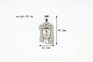 Macro detail of iced-out silver Jesus pendant with 49.2mm height and 49.4g weight info