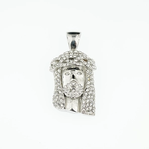 Hip hop Jesus head pendant necklace with sparkling clear crystals in silver finish