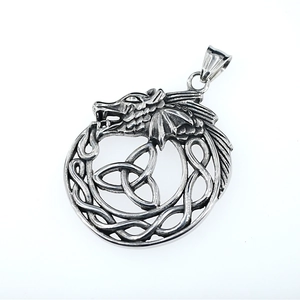 Vintage Viking dragon pendant necklace in silver stainless steel with Triquetra knot