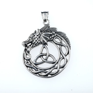 Vintage viking pterosaur dragon pendant necklace in retro silver stainless steel finish