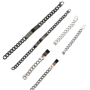 Minimalist Cuban link titanium steel bracelet in silver and black with engravable metal tag