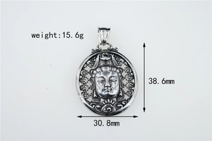 Macro shot of hollow titanium steel Guanyin pendant with specific dimensions and weight