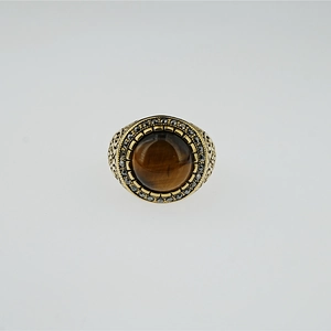 Vintage gold-plated titanium steel ring with brown tiger eye stone and black pavé diamonds