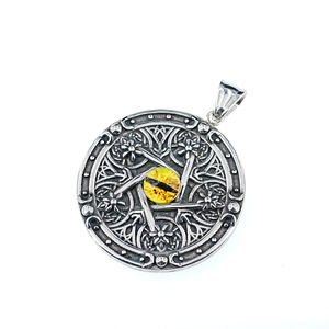 Pendentif œil du diable vintage avec pierre œil de chat jaune ambre pour hommes