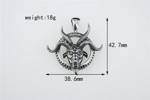 Detailed view of goat head pendant dimensions with pentagram in 38.6mm circular frame