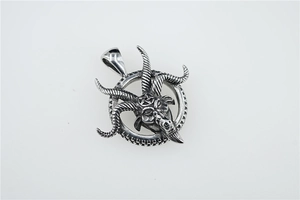 Macro detail of gothic Baphomet goat head pendant with pentagram in polished steel