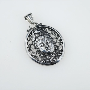 Oval silver hollowed-out Bodhisattva pendant necklace in matte retro steel