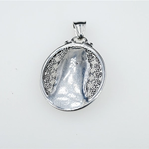 Oval hollow titanium steel Guanyin pendant necklace with silver floral relief design