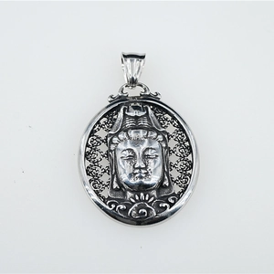 Vintage silver titanium steel Guanyin pendant with hollow texture and lotus detail