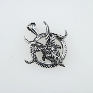Gothic Baphomet goat head pendant with pentagram star in polished stainless steel for men