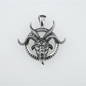 Gothic Baphomet goat head pendant with pentagram design in vintage stainless steel finish