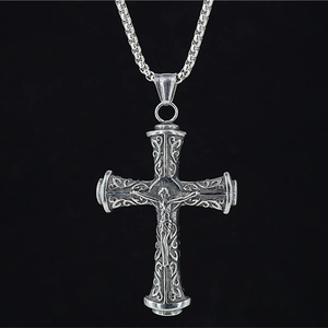 Vintage Jesus Crucifix Pendant Necklace Stainless Steel Relief Vine Pattern Gothic Religious Jewelry For Men Women