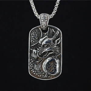 Retro Chinese Dragon Relief Dog Tag Pendant Necklace Stainless Steel Vintage Men Jewelry Hip Hop Oxidized Silver Neck Accessory