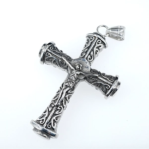 Retro silver crucifix cross pendant with Jesus relief and intricate floral engraving