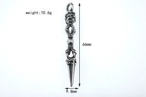 Macro detail of vintage silver Phurba pendant showing 66mm length and 10.6g weight specs