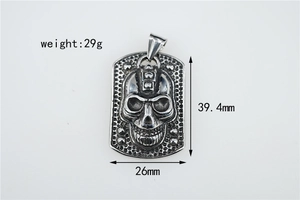 Detail view of punk skull dog tag pendant with 29g weight and 39.4mm x 26mm size