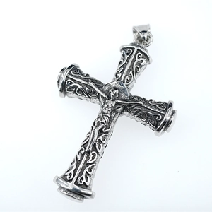 Retro silver cross necklace with embossed scroll patterns and Jesus crucifix design