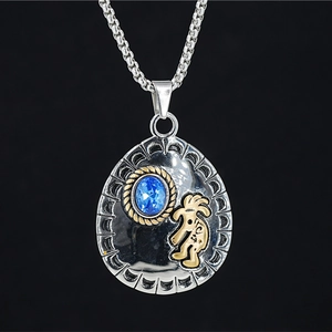Ethnic retro necklace with waterdrop blue gemstone pendant and golden Kokopelli figure