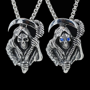 Gothic Stainless Steel Grim Reaper Skull Scythe Pendant Necklace Blue Rhinestone Inlaid Antique Silver Punk Jewelry For Men Women