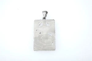 Detailed view of Guan Yu rectangular steel pendant with artistic hollowed brushed finish