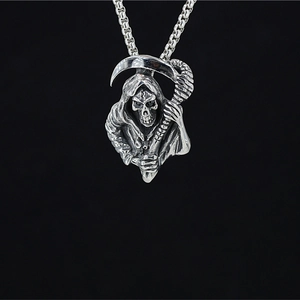Gothic Grim Reaper scythe skull pendant in oxidized silver finish with box chain