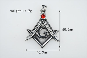 Macro view of Freemasonry pendant showing red gemstone and specific size measurements
