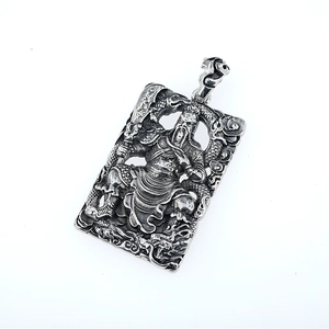Retro stainless steel Guan Yu pendant necklace with dragon relief and vintage silver finish