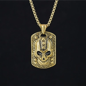 Gothic gold skull military dog tag pendant with box chain for men street fashion