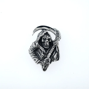 Gothic Grim Reaper skull necklace pendant with scythe in vintage stainless steel finish