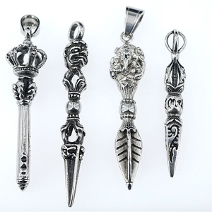Retro stainless steel Buddhist Vajra and Ganesha pendants with antique finish for men