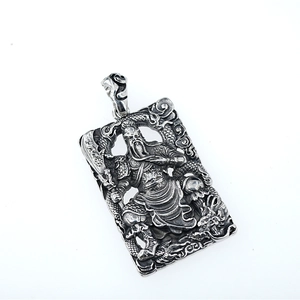 Vintage Guan Yu rectangular pendant necklace in carved stainless steel for men